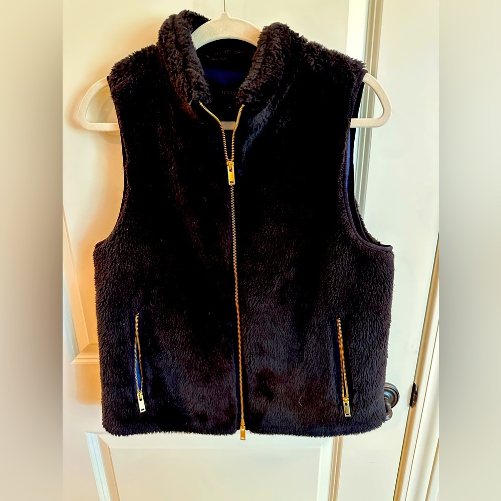 J Crew black fur zip vest